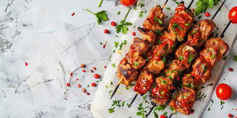 Grilled marinated meat with vibrant sauce on a white quartz background. Anticuchos, Peruvian street...