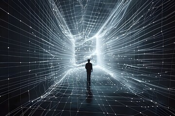 Fototapeta na wymiar Bright Cyber Passage: An Ethereal Adventure Across Digital Worlds futuristic illustration of a man's silhouette standing in a tunnel carrying information
