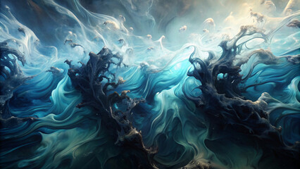 Flowing Blue Waves Amidst Smoke and Light