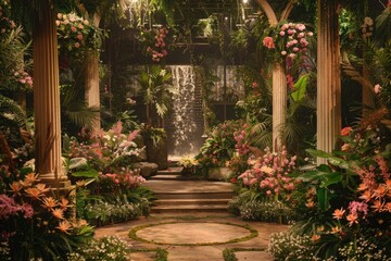 Fantasy garden with waterfall and plants in the botanical garden. - obrazy, fototapety, plakaty