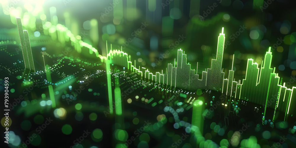 Aufkleber 3D technical analysis chart, growing upwards, green color, blender render. Generative AI.