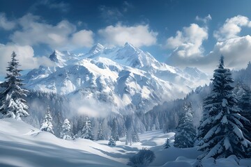 Fototapeta na wymiar Russian Winter image: Snow-Covered Mountains A serene winter image featuring perfectly groomed snow.