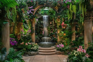 Fototapeta na wymiar Beautiful waterfall in the garden, nature background and wallpaper concept.