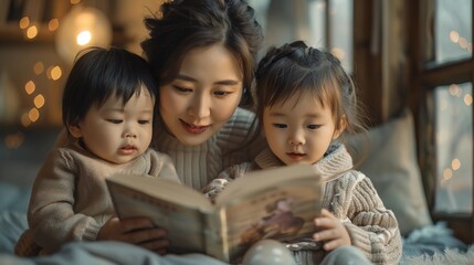 Cozy scene of an Asian mother and her young children cuddled up with a book in a snug room. Warmth and Love. Concept of Christmas reading, Family bond, and Mother's Day. AI Generated