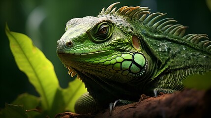 Fototapeta premium Green Iguana closeupon branch, animal closeup