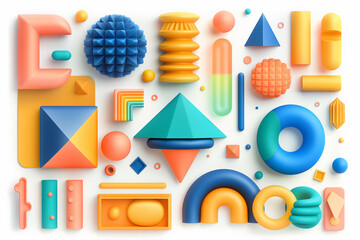 The collection clipart isolate items featuring a various of playful geometry Collection of various 3D plastic cute vector shapes. abstract forms, all playful creativity and whimsical