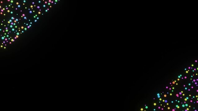 Animation with colorful glowing beads on black background. The beads change the intensity of the light, then disappear and reappear in an oblique stripe, eventually turning on the whole picture.