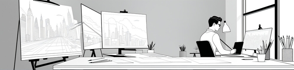 silhouette of a graphics designer in his studio