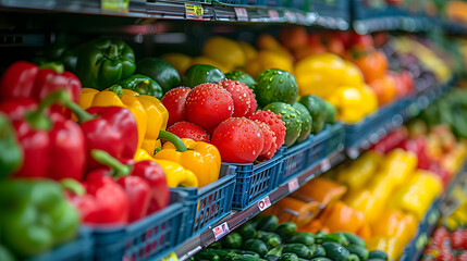 Fresh vegetables on supermarket shelves with a diverse assortment, shopping concept for banner design. Abstract blurred background with selective focus