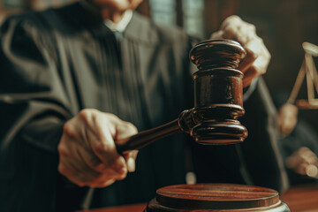 professional close-up highlighting the decisive moment of a judge wielding a gavel in the courtroom, signaling the commencement or conclusion of proceedings, against a muted backgr