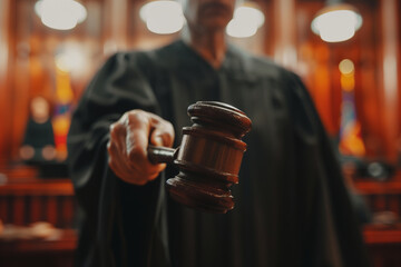 professional close-up highlighting the decisive moment of a judge wielding a gavel in the courtroom, signaling the commencement or conclusion of proceedings, against a muted backgr