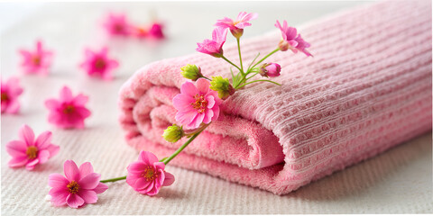 Obraz na płótnie Canvas Towel, pink, pink towel with flowers, cute background, flowers, background, wallpaper, fabric, pink flowers, macro, minimalism