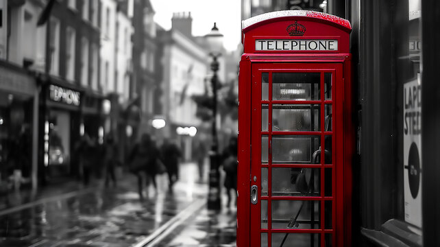 A black and white photography of a city street scene with a vintage telephone box.  The telephone box is vivid red tone, standing out as the only element in color