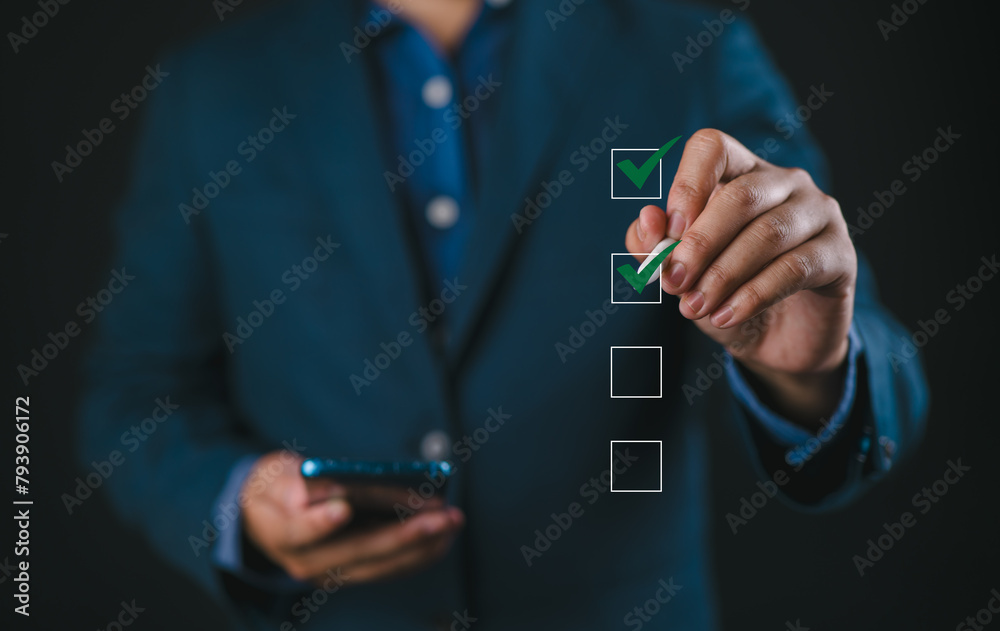 Poster checklist concept, businessman taking online checklist survey on virtual screen, filling out digital