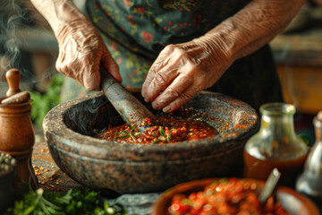 Elderly woman hands meticulously grinding fresh herbs and spices in a stone mortar, capturing the timeless art of traditional cooking. - obrazy, fototapety, plakaty