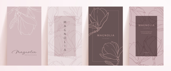 Set of Pink abstract floral cards. Neutral minimal background in pastel colors with magnolia flowers. Botanical line card templates. Vector for social media post, invitation, card, design, advertising