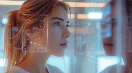 A young woman looking into a large modern room, displaying real-time biofeedback data superimposed over her reflection. Show graphical overlays on the mirror such as heart rate. Generative AI. - obrazy, fototapety, plakaty