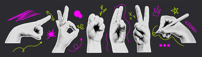 Trendy set of hand gestures. Halftone graphic elements for collage. Vector illustration.