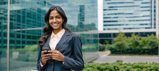 Modern Indian Businesswoman Using Smartphone Outside Office. 