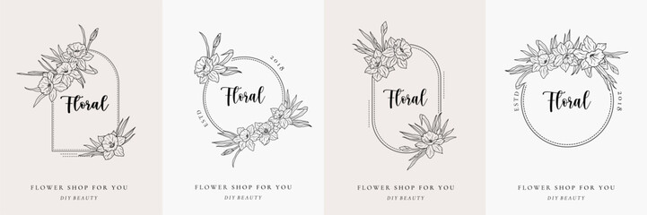 Set of floral daffodil frame logo line art. Flower narcissus wreath, border with branch and leaves. Botanical round ornament monogram. Elegant vintage simple emblem vector illustration