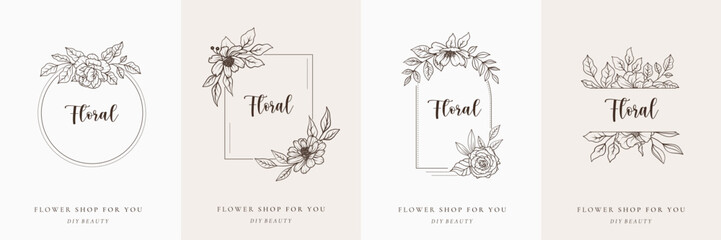 Set of floral frame logo line art. Botanical round ornament monogram. Flower wreath, border with branch and leaves. Elegant vintage simple emblem vector illustration