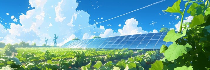 Growing fresh vegetables and fruits next to fields with solar panels, eco generation, illustration banner