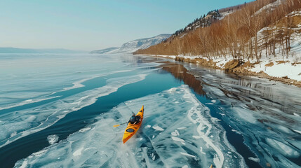 Kayak sailing between ice floes on the lake.