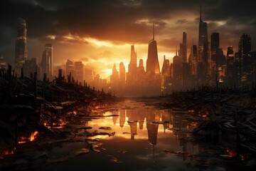 Fototapeta premium the sun rising up the city of futuristic buildings. generative ai