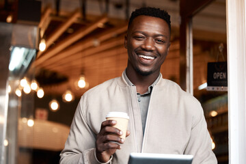 Black business man, tablet and portrait in coffee shop with smile, notification ie networking with...