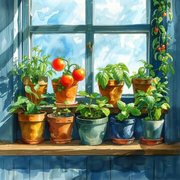 A watercolor painting of a windowsill with potted plants and herbs.