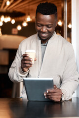 African man, tablet and reading in coffee shop with smile, drink or notification for networking,...