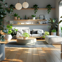 living room with basic functional furniture, similar to the Scandinavian style, with the addition...