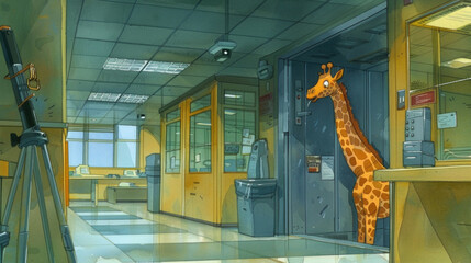 A giraffe is standing in a hallway next to a door, showcasing its towering height and unique presence in a man-made environment