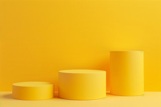 Three Yellow Product Display Podiums With Different Heights For Product Presentation On a Pure Yellow Background