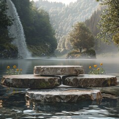 Fototapeta premium Stone Podiums For Natural Product Presentation, Displayed On a River In The Middle Of a Forest, Waterfall In The Back