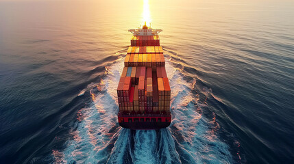 A drone aerial shot captures a cargo ship brimming with containers as it departs from the port, heading towards the sea.