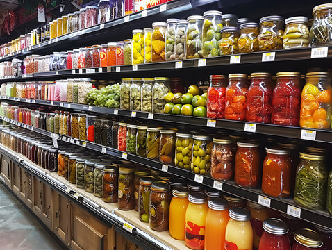 Supermarket shelf stocked with assorted jars of pickles, olives, and preserved foods. Retail and grocery concept for banner design. Focus on products