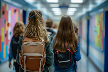pupils running through school corridor - Powered by Adobe