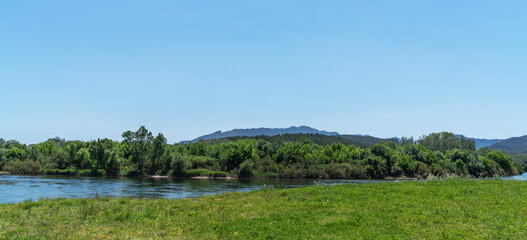 A tranquil riverside scene with lush green grass in the foreground, calm waters and a dense line of trees leading to distant mountains under a clear blue sky.