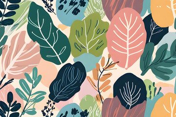 Abstract plant leaf art seamless pattern with colorful freehand doodle collage. Organic leaves cartoon background, simple nature shapes in vintage pastel colors