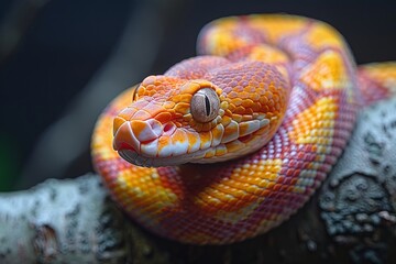 Obraz premium Corn Snake: Slithering on a tree branch with a striking pattern, capturing movement and elegance.