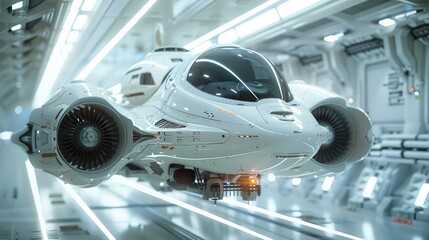 Future spaceship, white, hanging on aircraft engines, Simplicity. Generative AI.