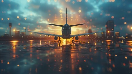Business travel concept, airplane landing at on runway with city lights in background, technology tourism passenger propeller aerospace industry