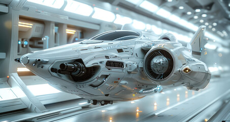 Future spaceship, white, hanging on aircraft engines, Simplicity. Generative AI.