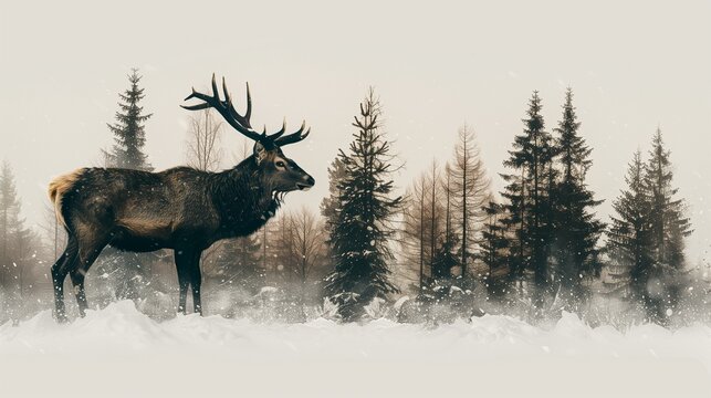 Double exposure animal, deer in snow, horned stag fur snowing coniferous tree