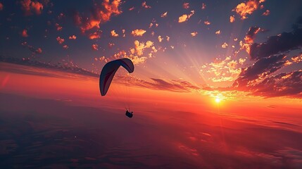 A glider soars through the sunset sky, epitomizing the excitement and liberty of paragliding - obrazy, fototapety, plakaty
