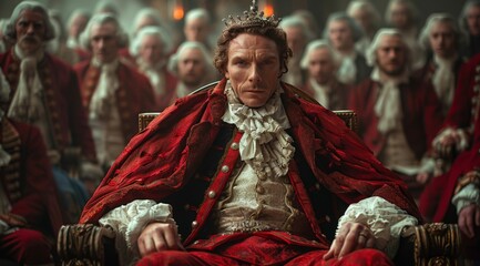 Obraz premium A man dressed in historical regal attire sits on a throne, exuding power and authority