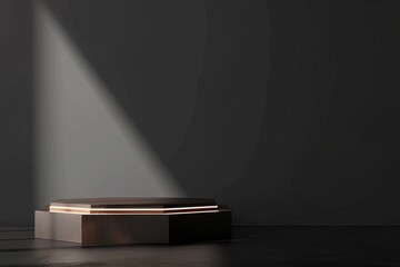 An elegant hexagonal podium under a dramatic spotlight, set against a dark background, perfect for showcasing high-end products.