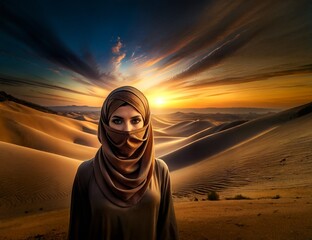 A beautiful arabiawoman in a hijab stands in the desert with the sunset behind her head.Ai generated