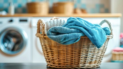 Housework concept - basket with dirty worn laundry in laundry room with washing machine in background